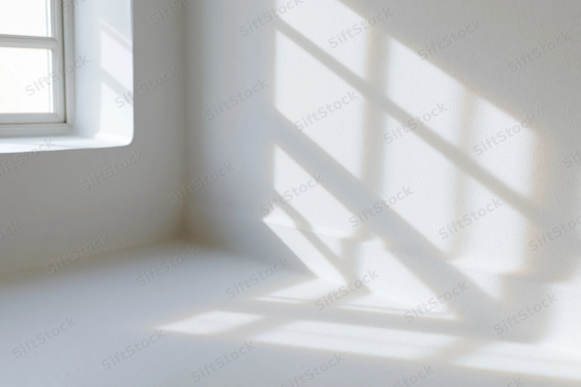 Empty white room interior with soft natural light from window casting shadows on walls and floor