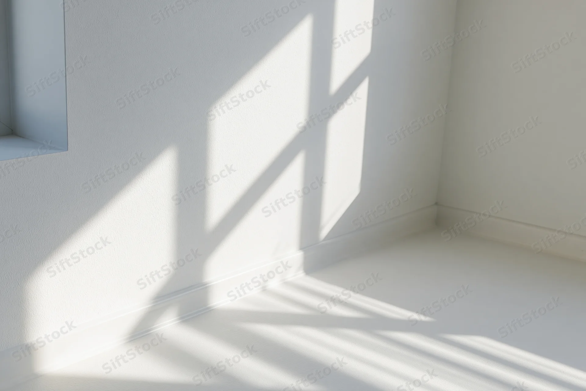Empty white room with sunlight casting window shadows on walls and floor