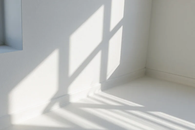 Empty white room with sunlight casting window shadows on walls and floor