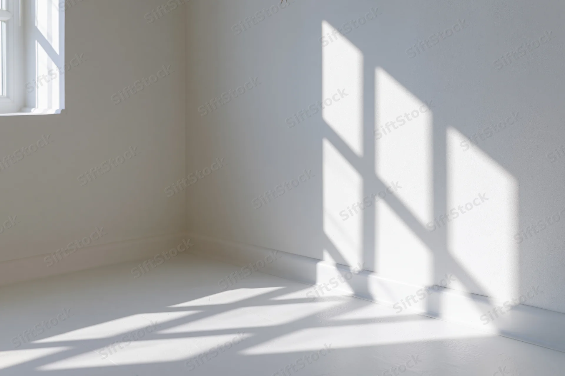 Empty white room with sunlight casting window shadows on walls and floor