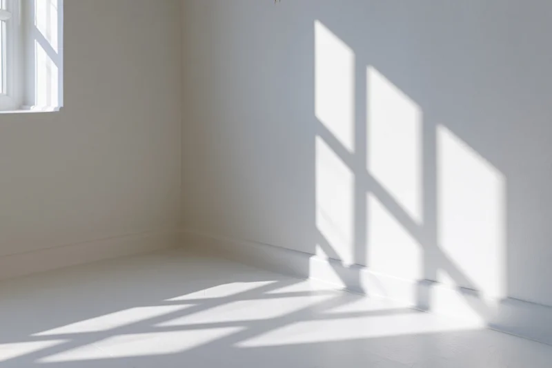 Empty white room with sunlight casting window shadows on walls and floor