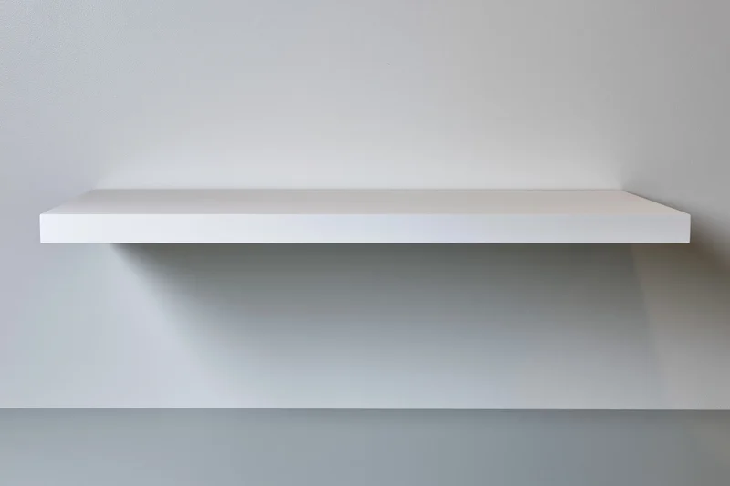 Empty white floating shelf mounted on a plain light grey wall in a studio setting