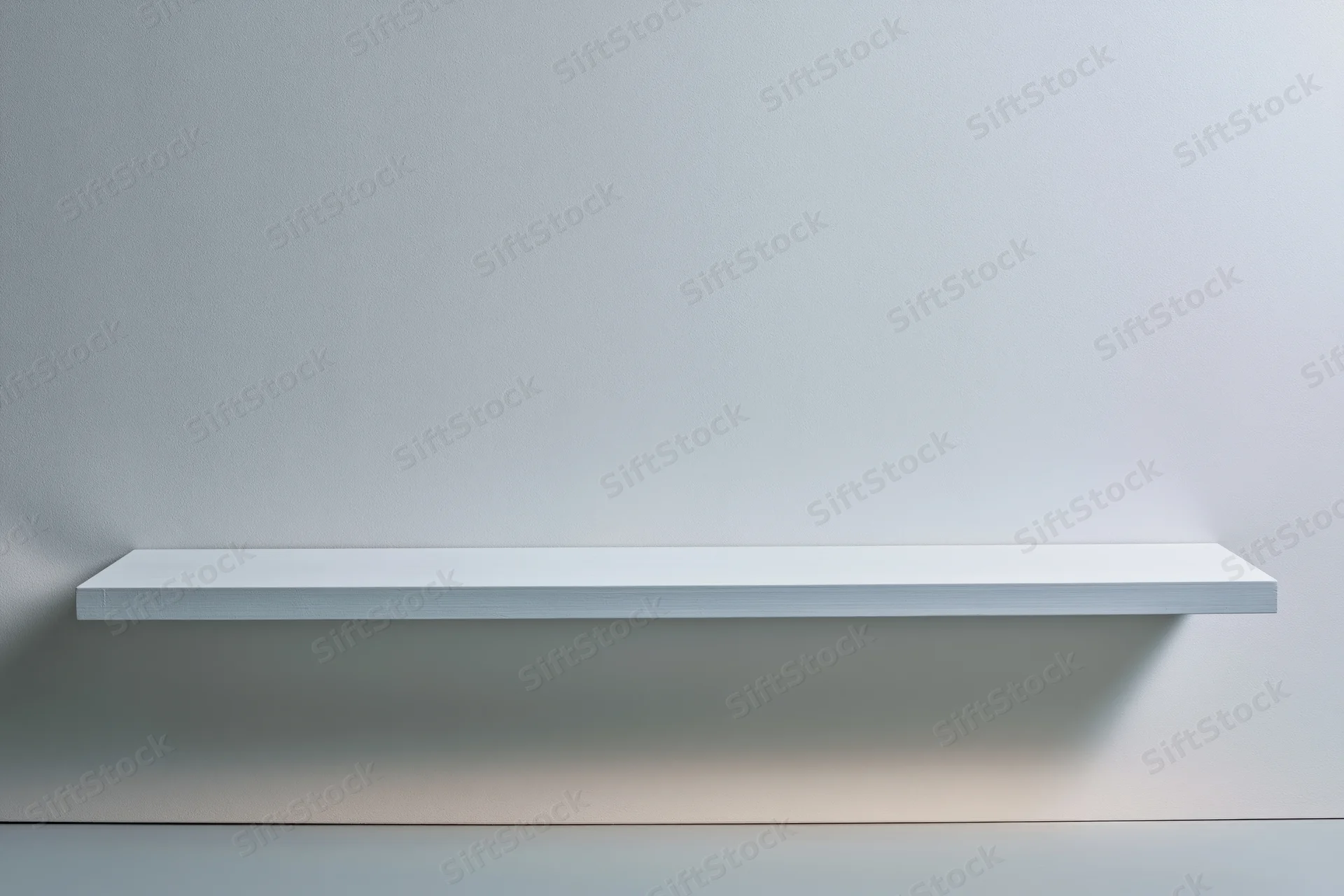 Empty white shelf mounted on a plain light gray wall in a studio setting