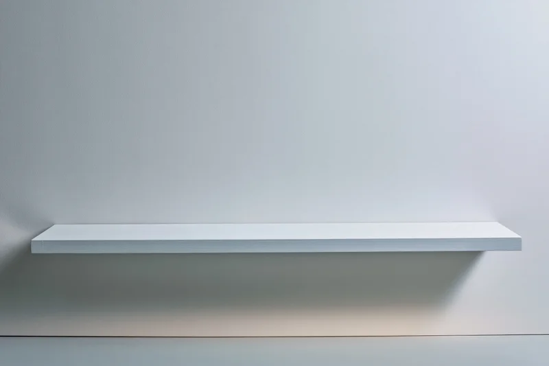 Empty white shelf mounted on a plain light gray wall in a studio setting