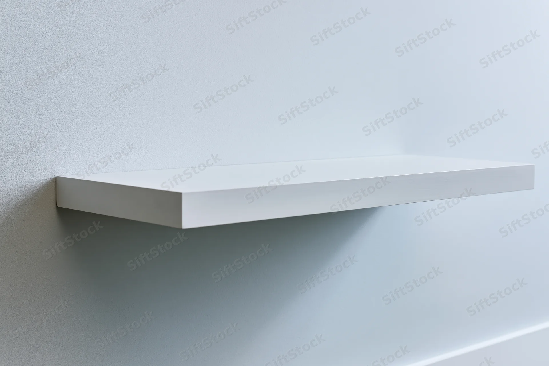 Empty white shelf mounted on a light gray wall in a minimalist studio space
