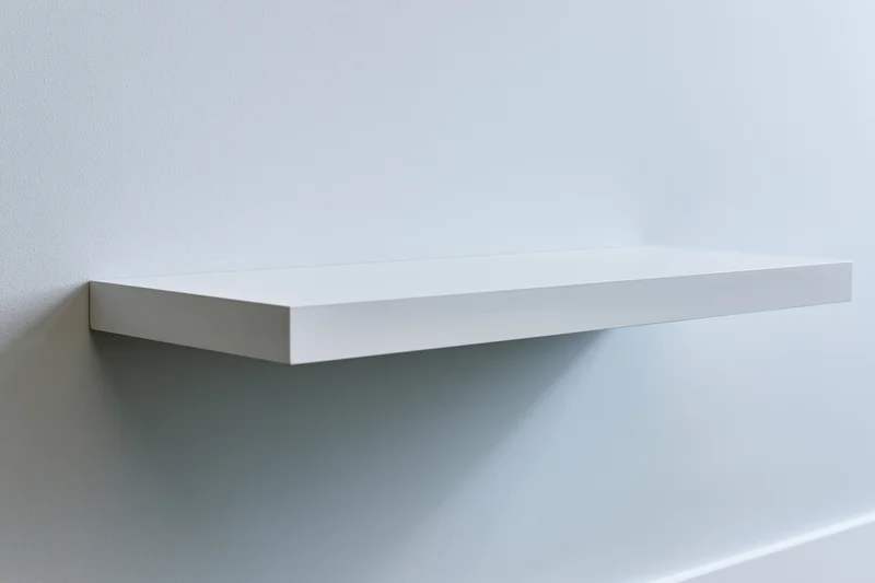 Empty white shelf mounted on a light gray wall in a minimalist studio space