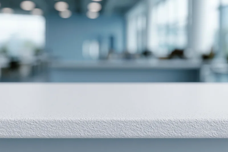 White textured tabletop surface in foreground with blurred office interior background
