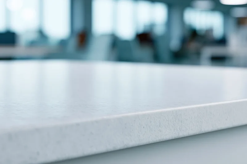 White textured tabletop surface in office interior with blurred background
