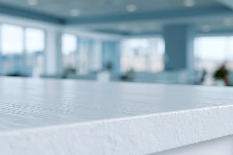 White textured tabletop in focus with blurred office interior in background