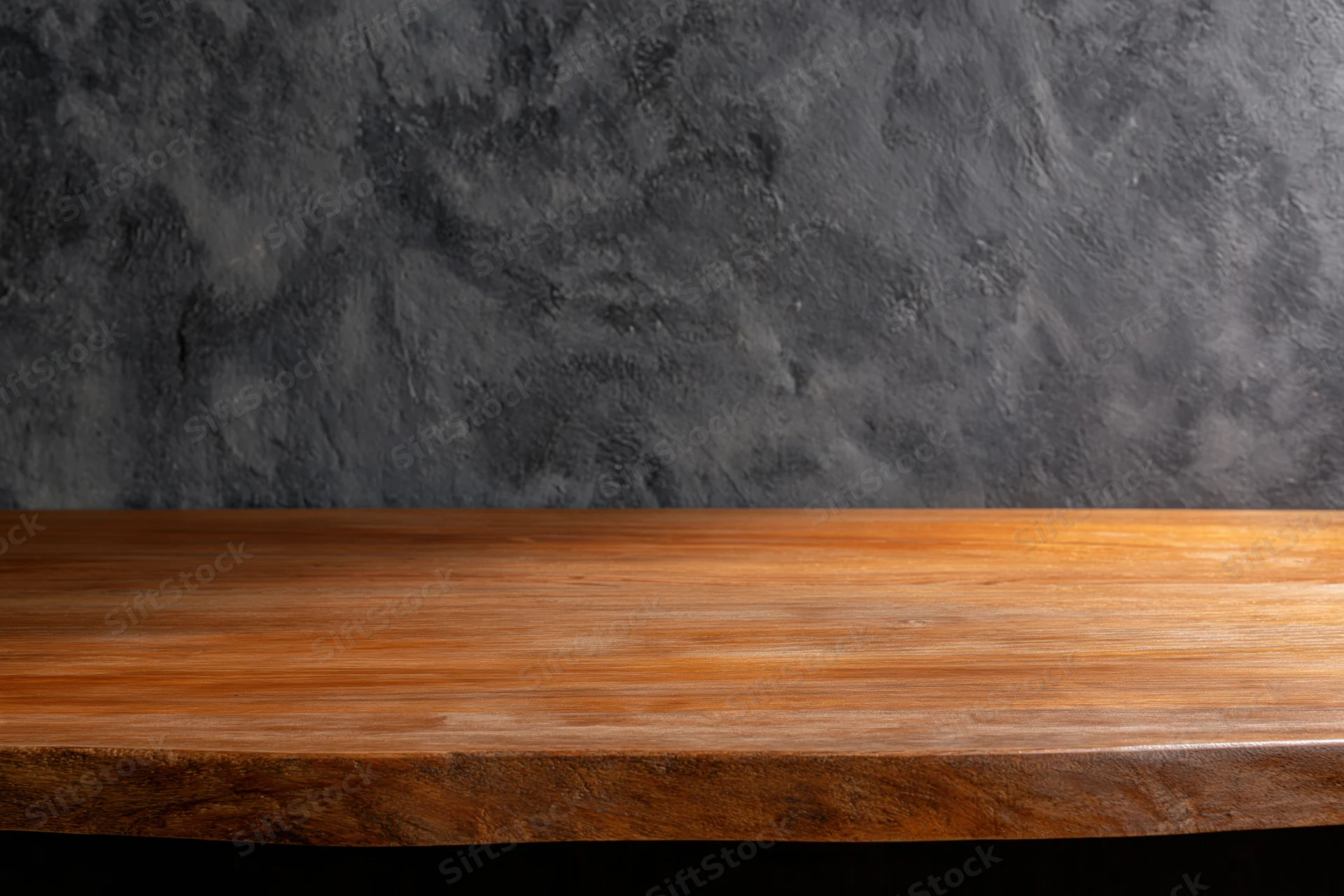 Empty wooden shelf against dark textured concrete wall with copyspace for product display