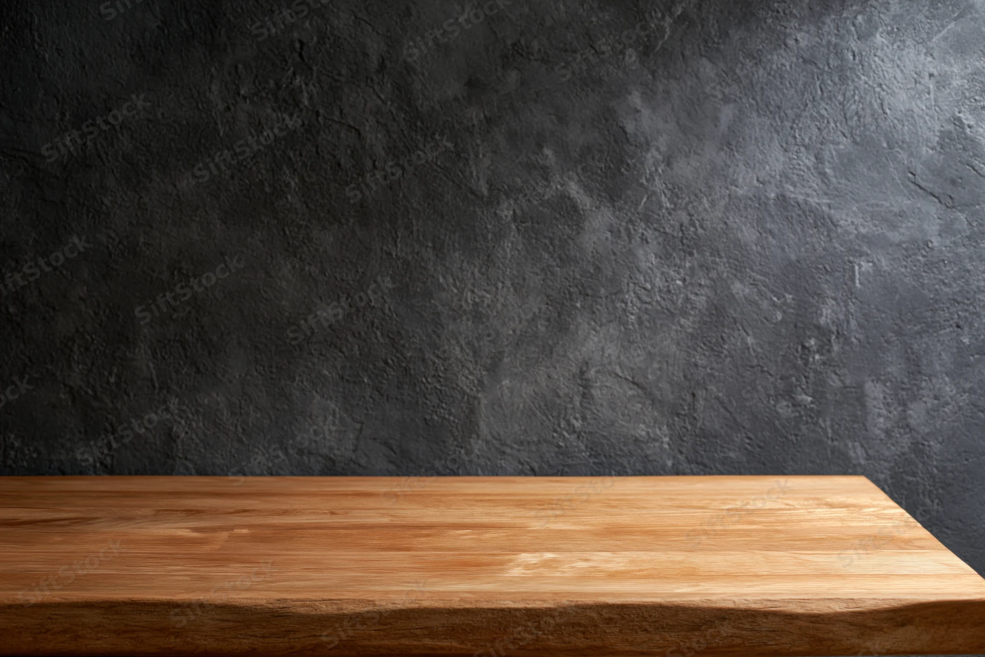 Empty wooden shelf against dark textured concrete wall