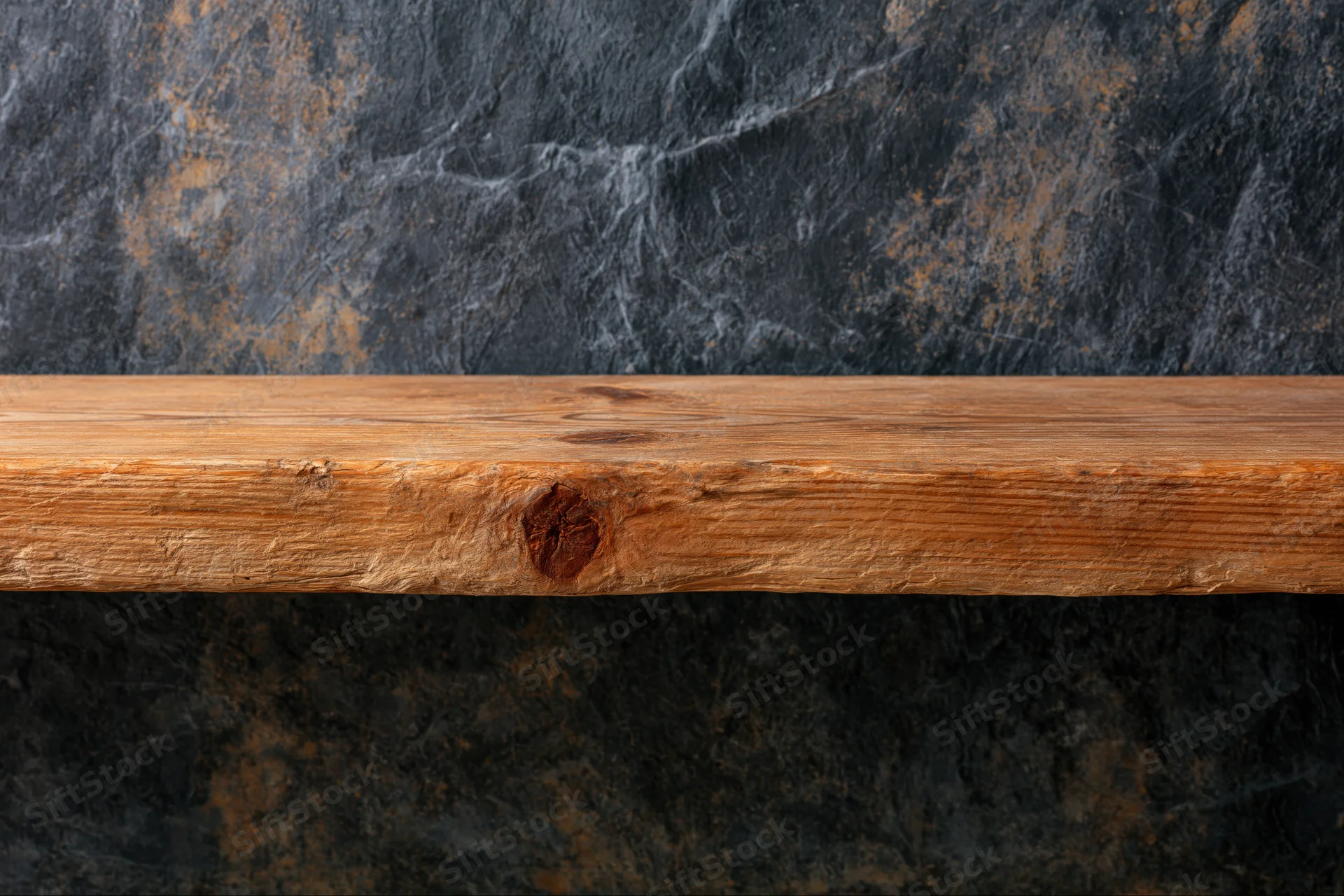 Empty worn wooden shelf surface against dark stone wall