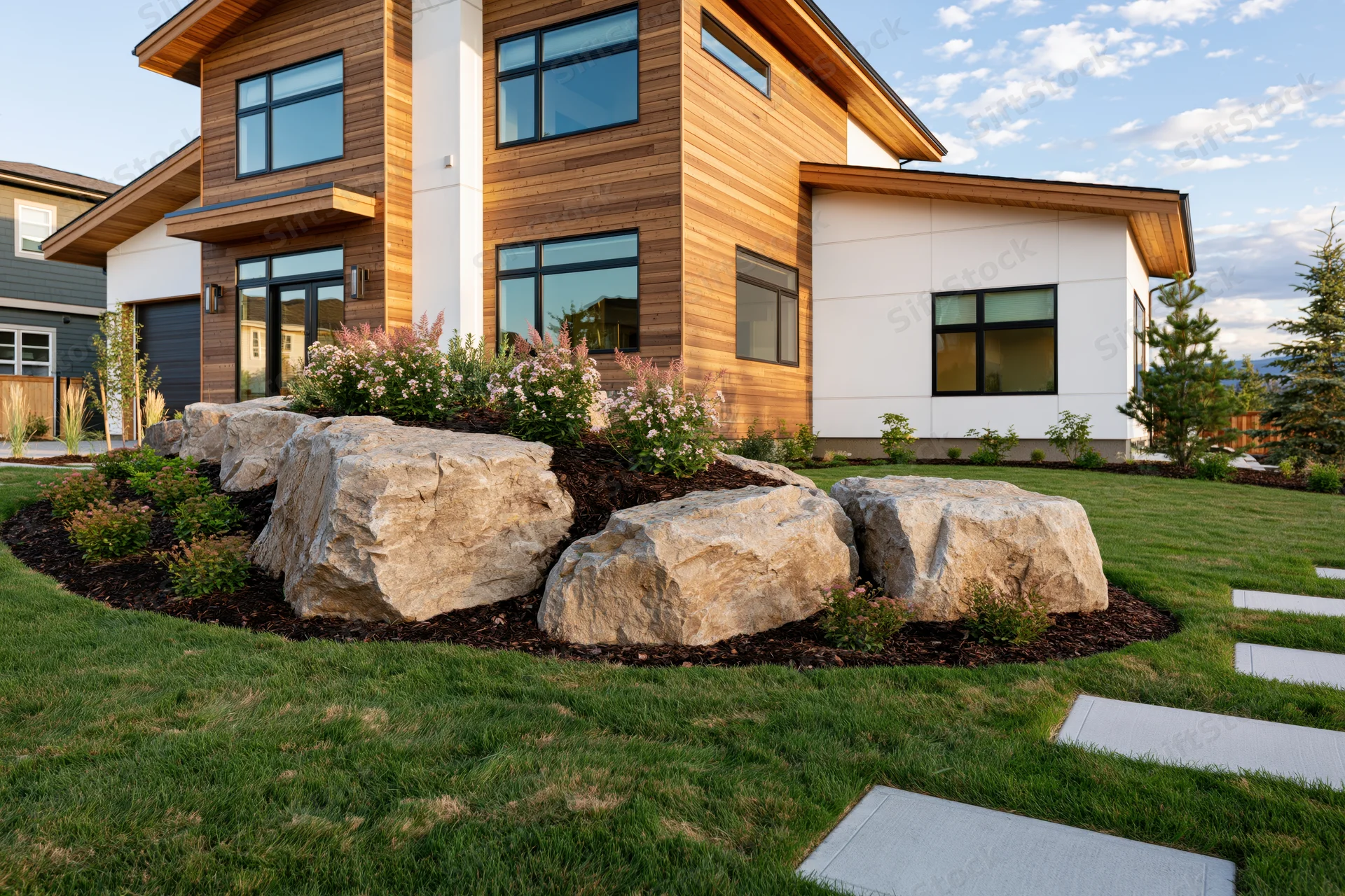 Modern two-story home with cedar wood cladding and landscaped front yard featuring rocks, shrubs, and a stone pathway