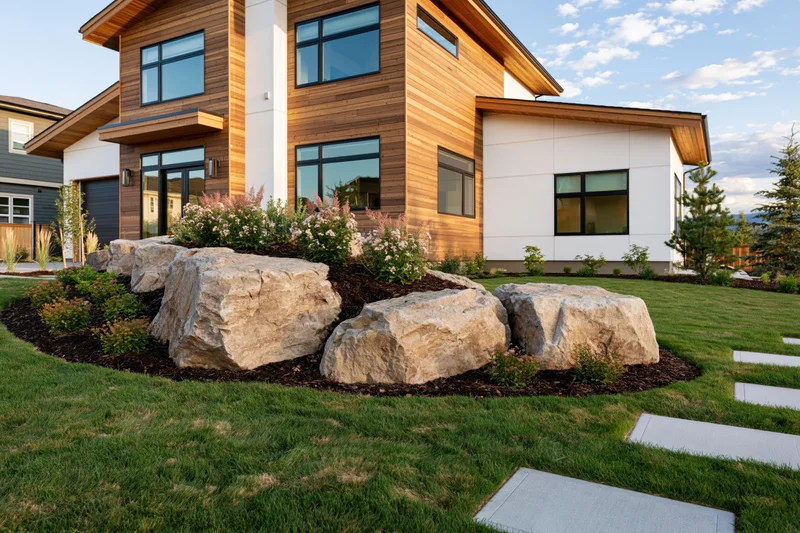 Modern two-story home with cedar wood cladding and landscaped front yard featuring rocks, shrubs, and a stone pathway