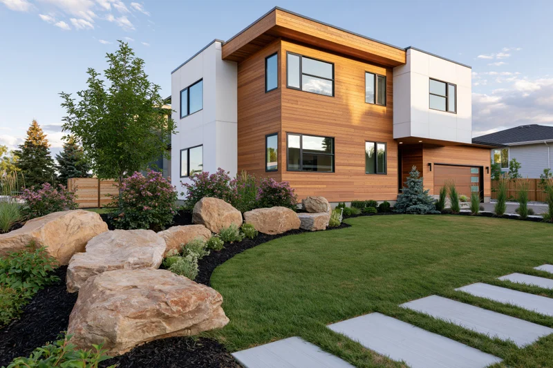 Modern two-story house with cedar wood cladding and landscaped front yard featuring stone pathway and green lawn