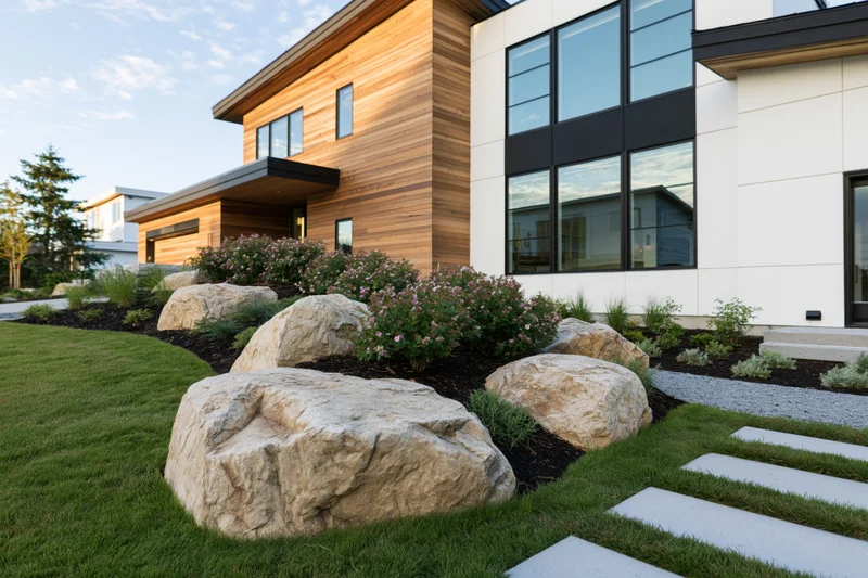 Modern two-story home with cedar wood cladding and landscaped front yard featuring stone boulders and flowering shrubs