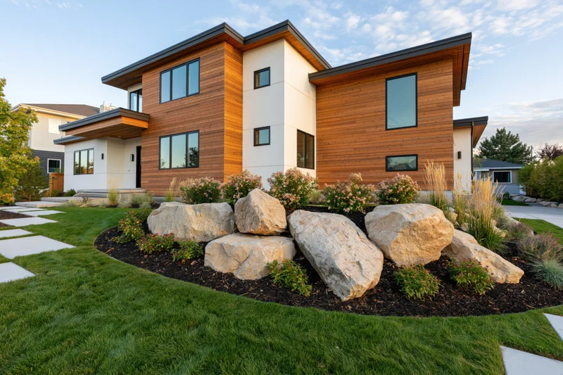Exterior of a modern two-story home with cedar wood cladding