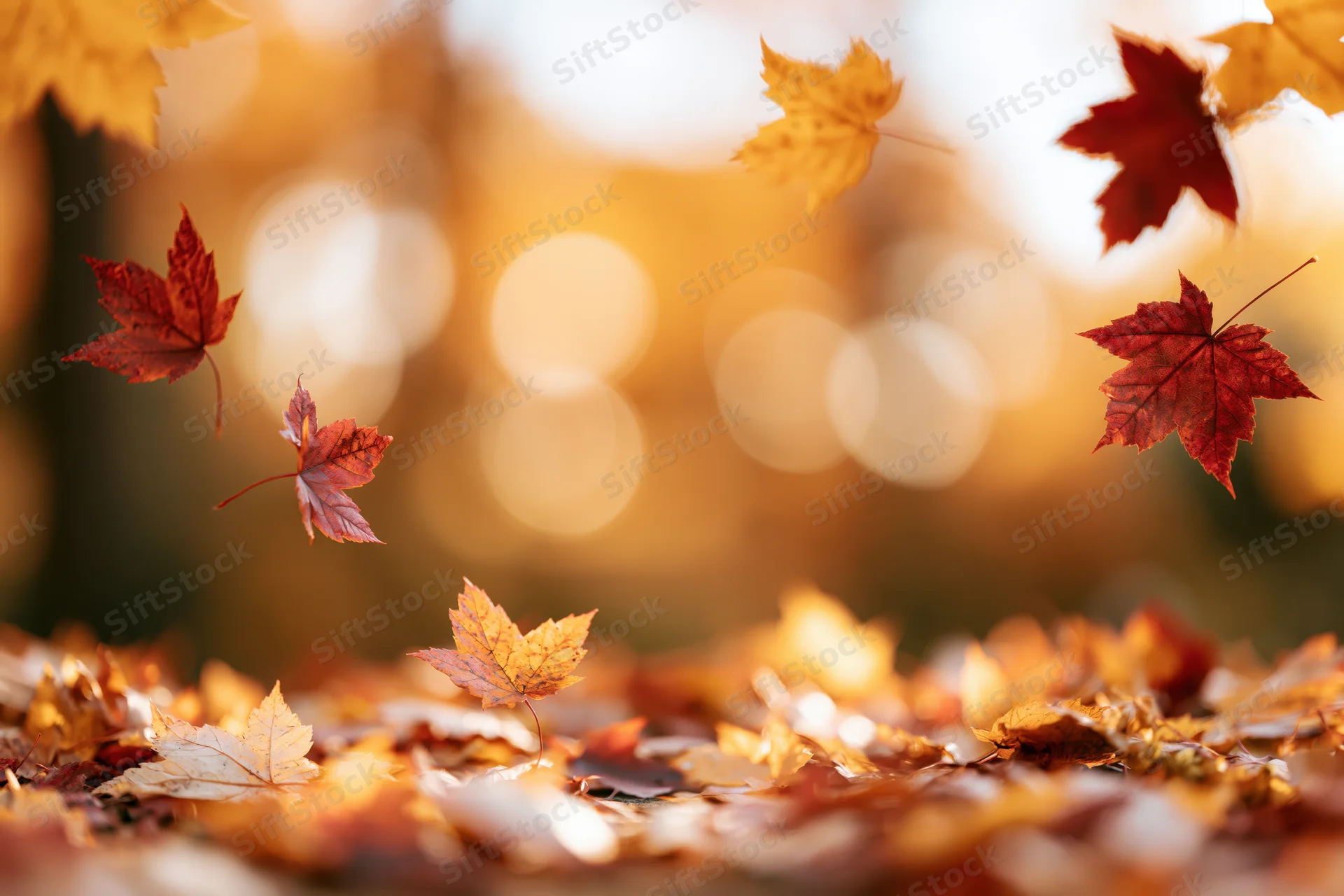 Maple leaves floating and falling around a carpet of fallen leaves in autumn outdoors