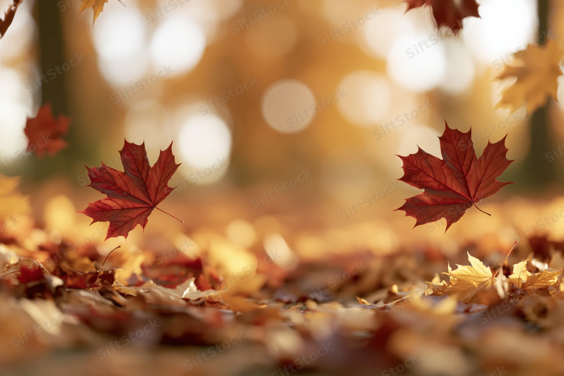 Maple leaves falling and floating over a carpet of autumn foliage in a forest clearing