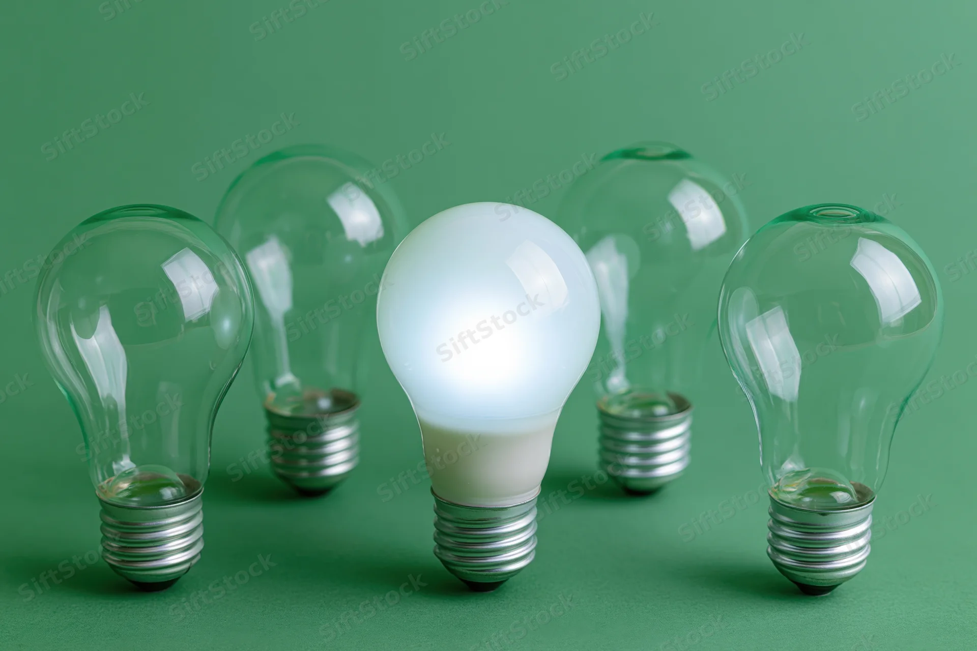 Five lightbulbs arranged in a row with one illuminated on a green background