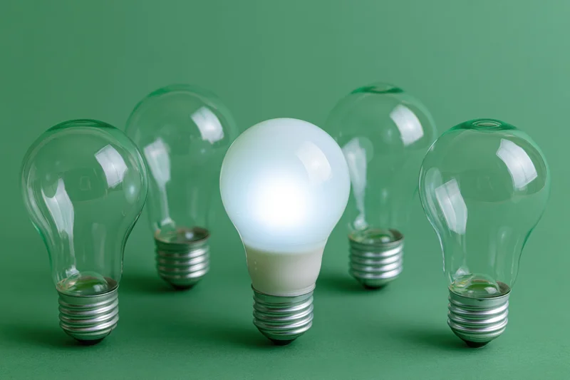 Five lightbulbs arranged in a row with one illuminated on a green background