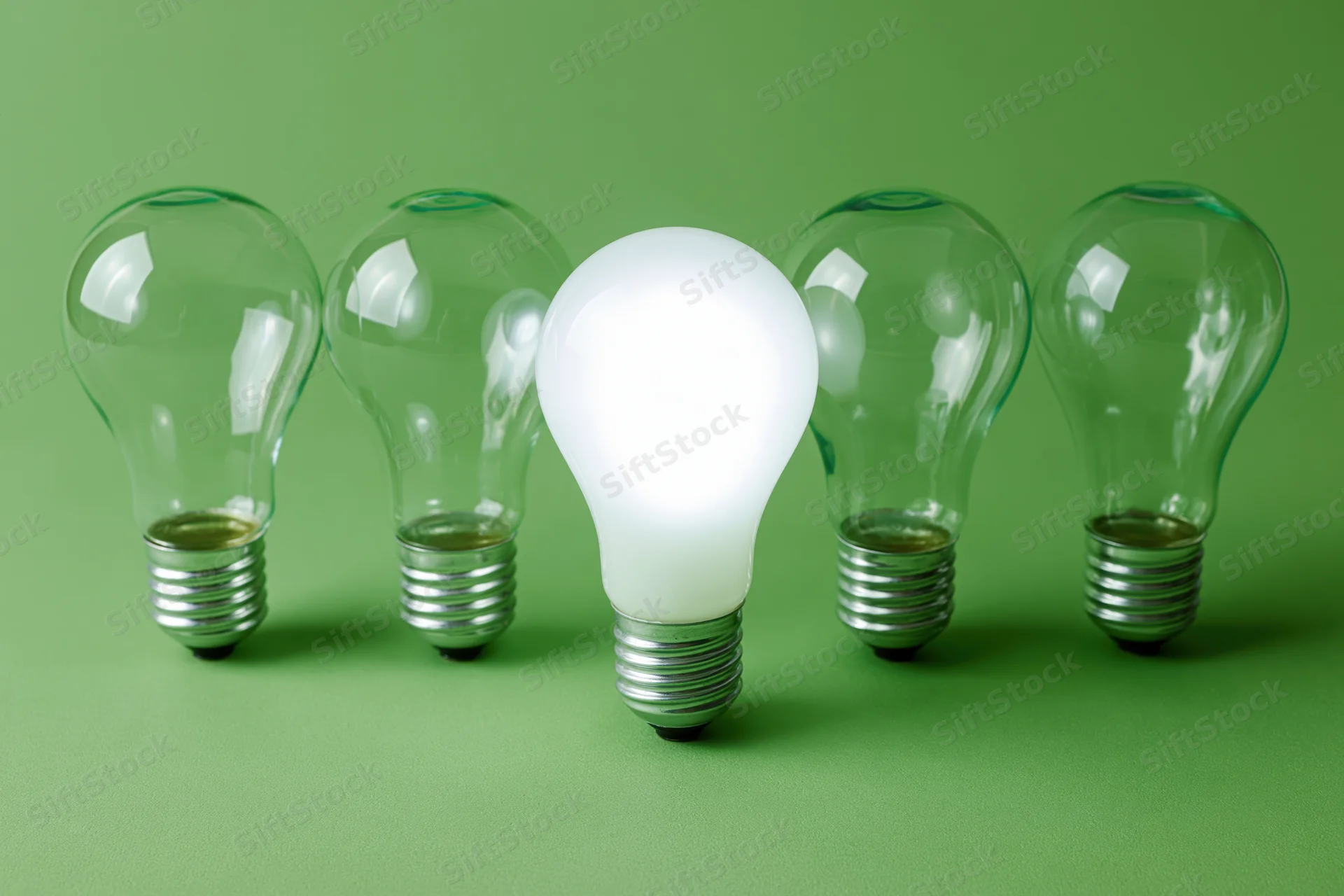 Five incandescent light bulbs arranged in a horizontal row on a green background with one illuminated in the center