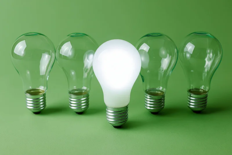 Five incandescent light bulbs arranged in a horizontal row on a green background with one illuminated in the center