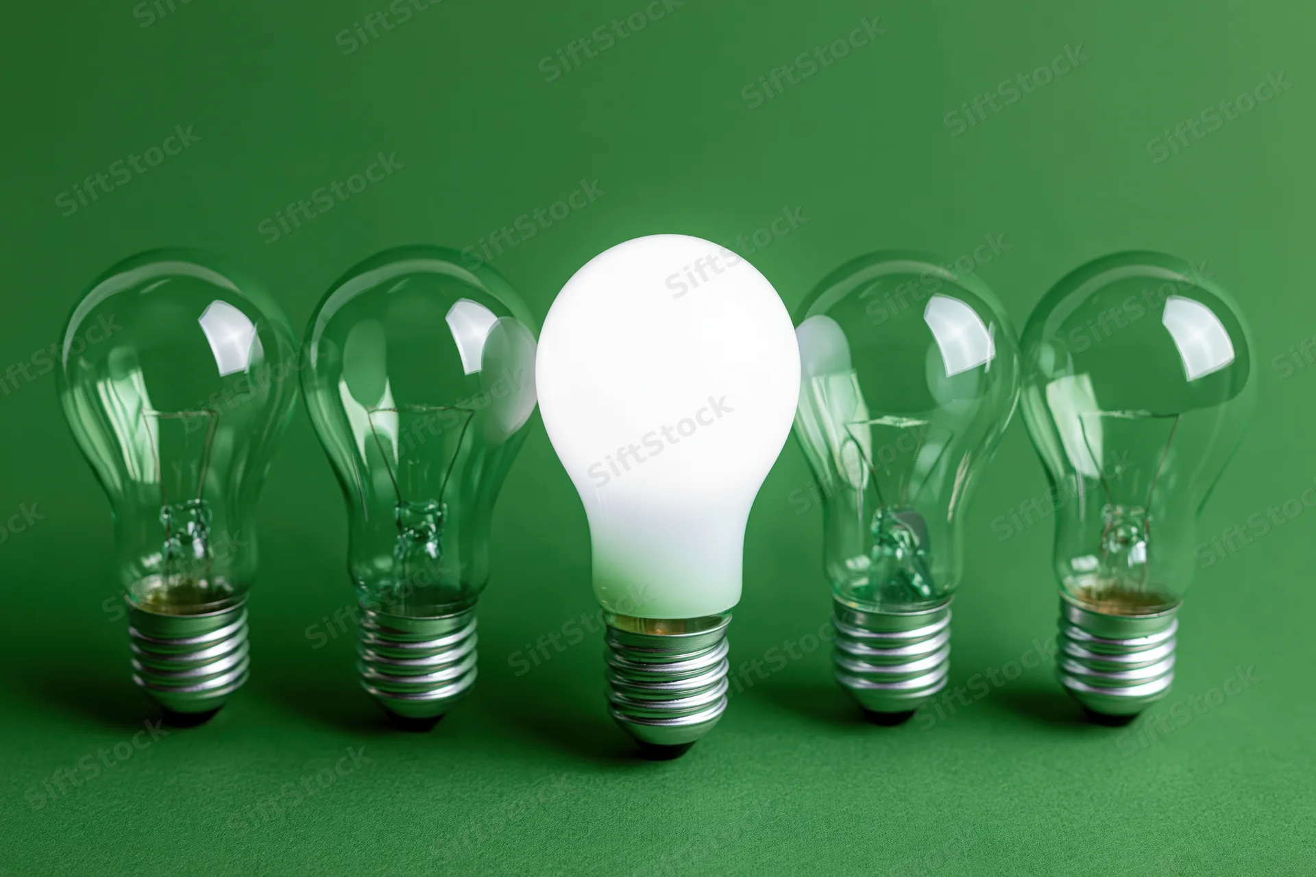 Five incandescent light bulbs in a horizontal row on green background with one illuminated in center