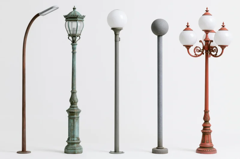 Five street lamp posts arranged side by side against a plain white background