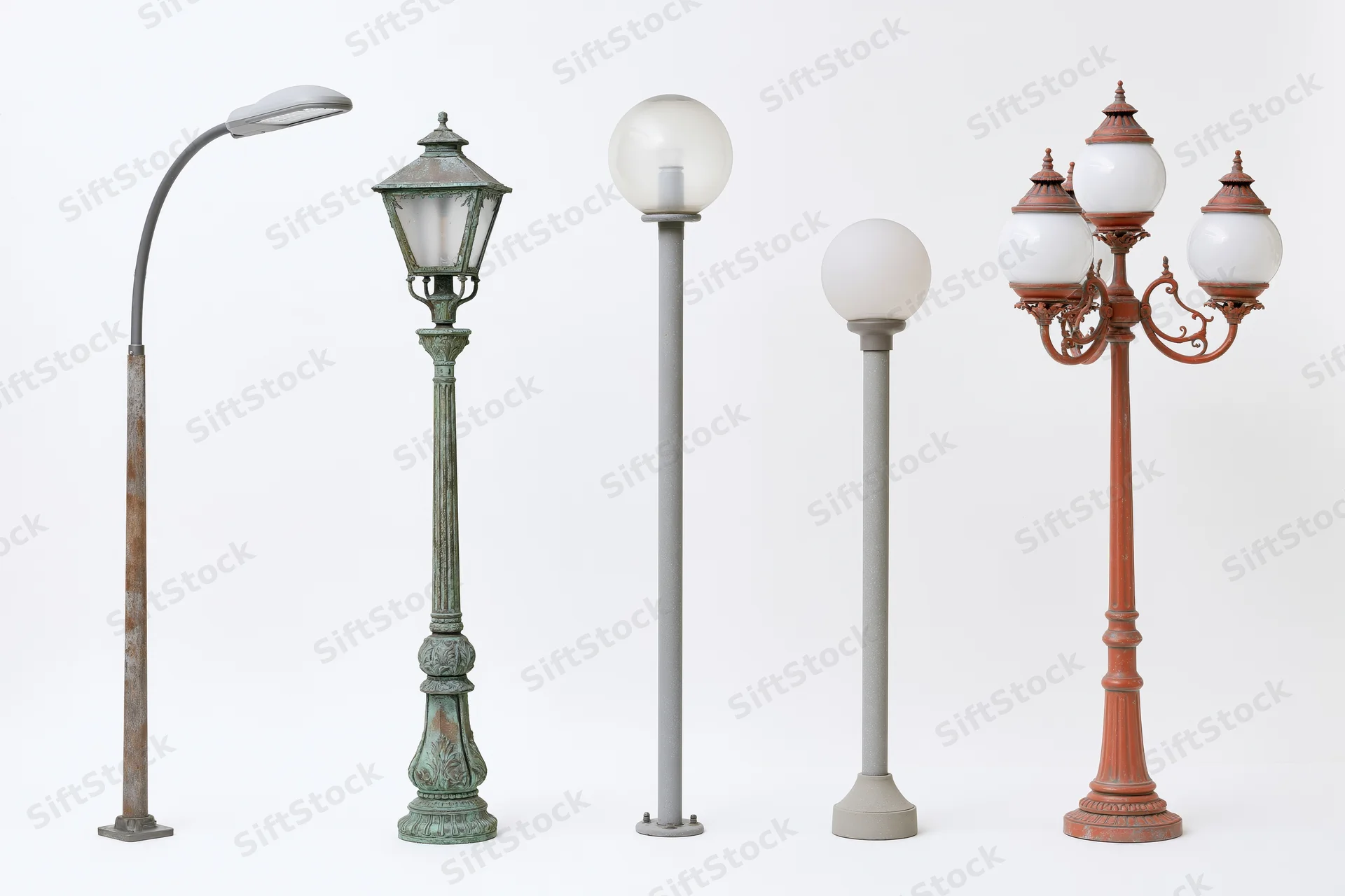 Five street lamp posts arranged side by side against a plain white background