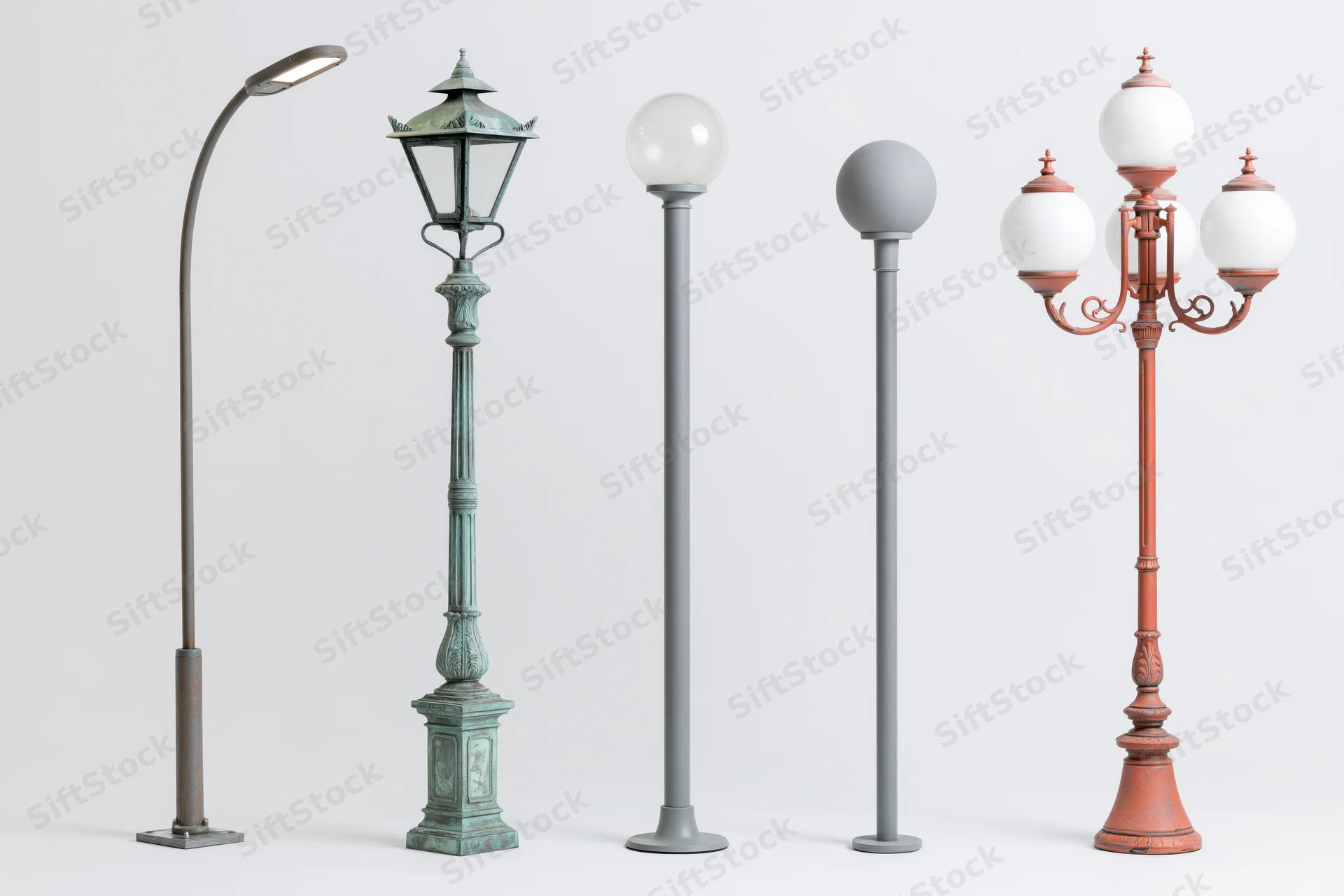 Five street lamp posts arranged side by side against a plain white background