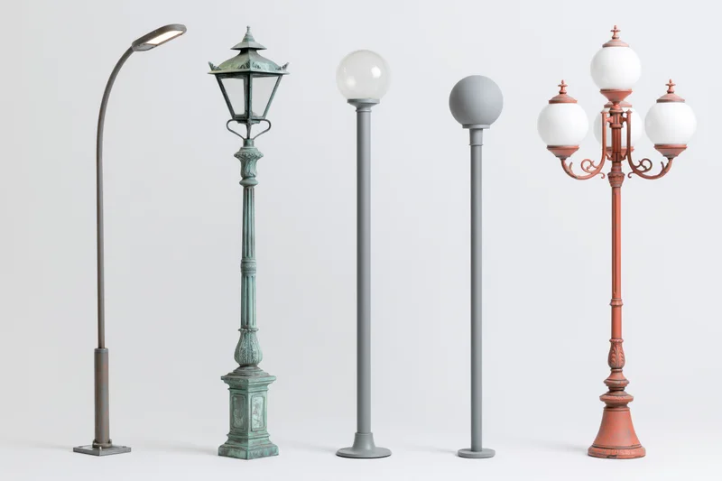Five street lamp posts arranged side by side against a plain white background