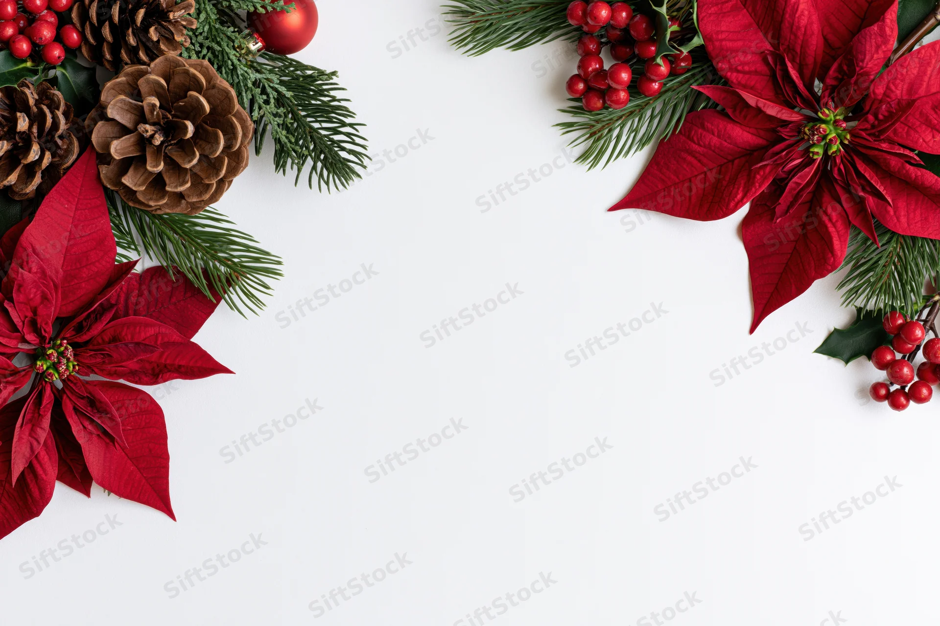 Red poinsettia and pinecone holiday decoration arranged in corner border on white background with copyspace