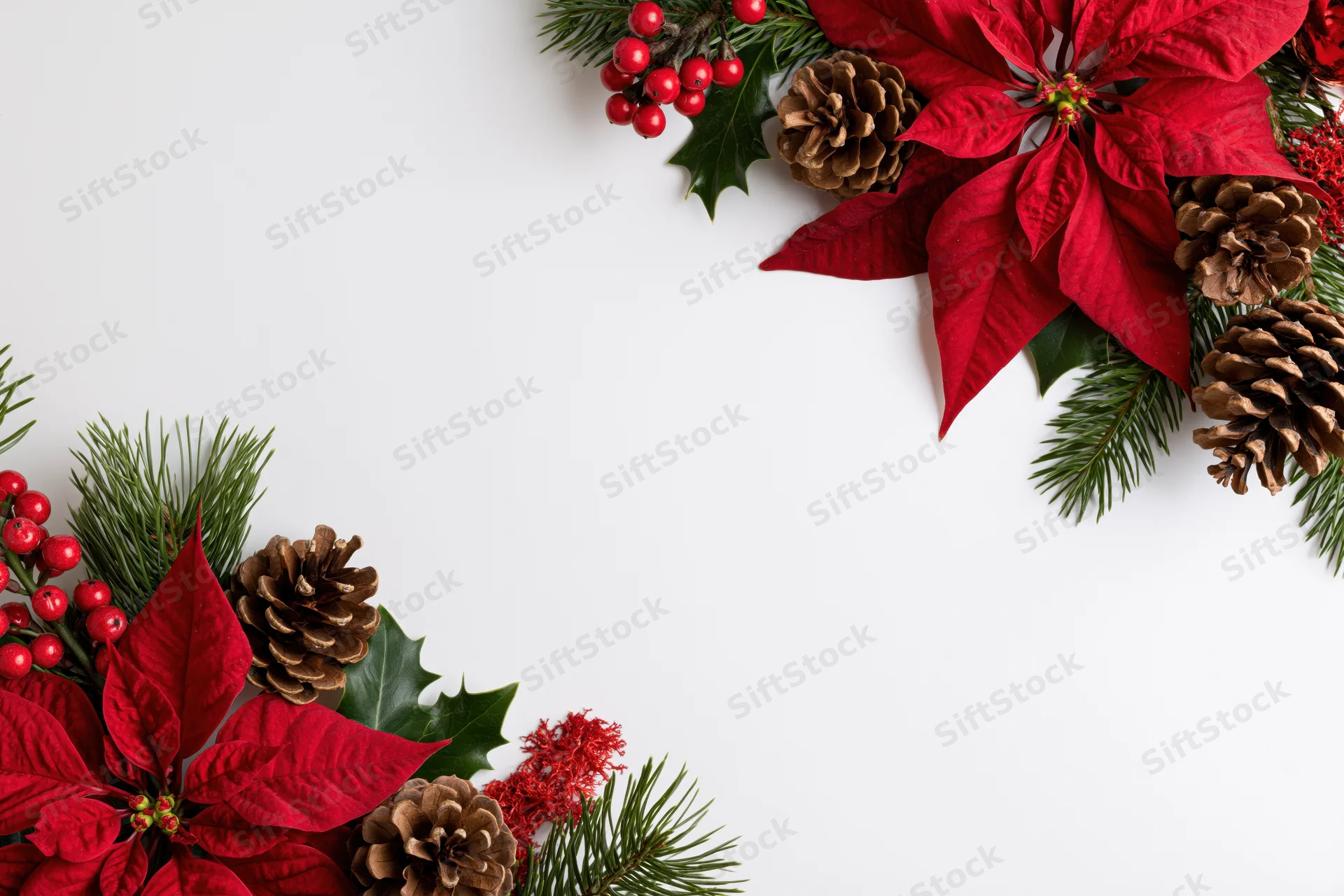Red poinsettia and pinecone holiday corner border arrangement on white background
