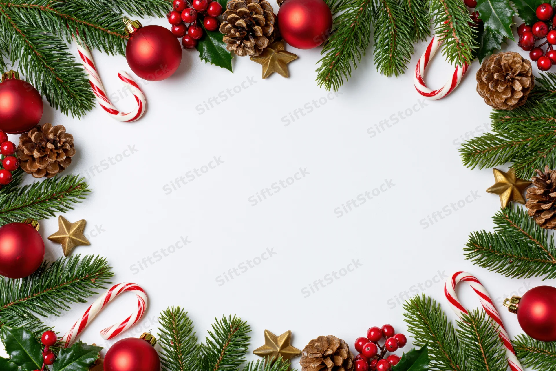 Christmas decorations arranged as a border frame on white background with copyspace