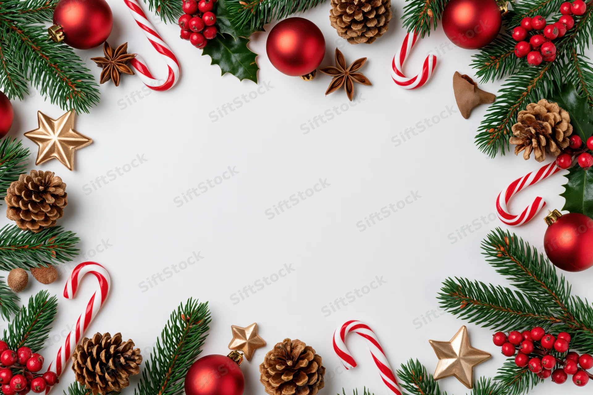 Christmas decorations arranged as a border frame on white background with copyspace