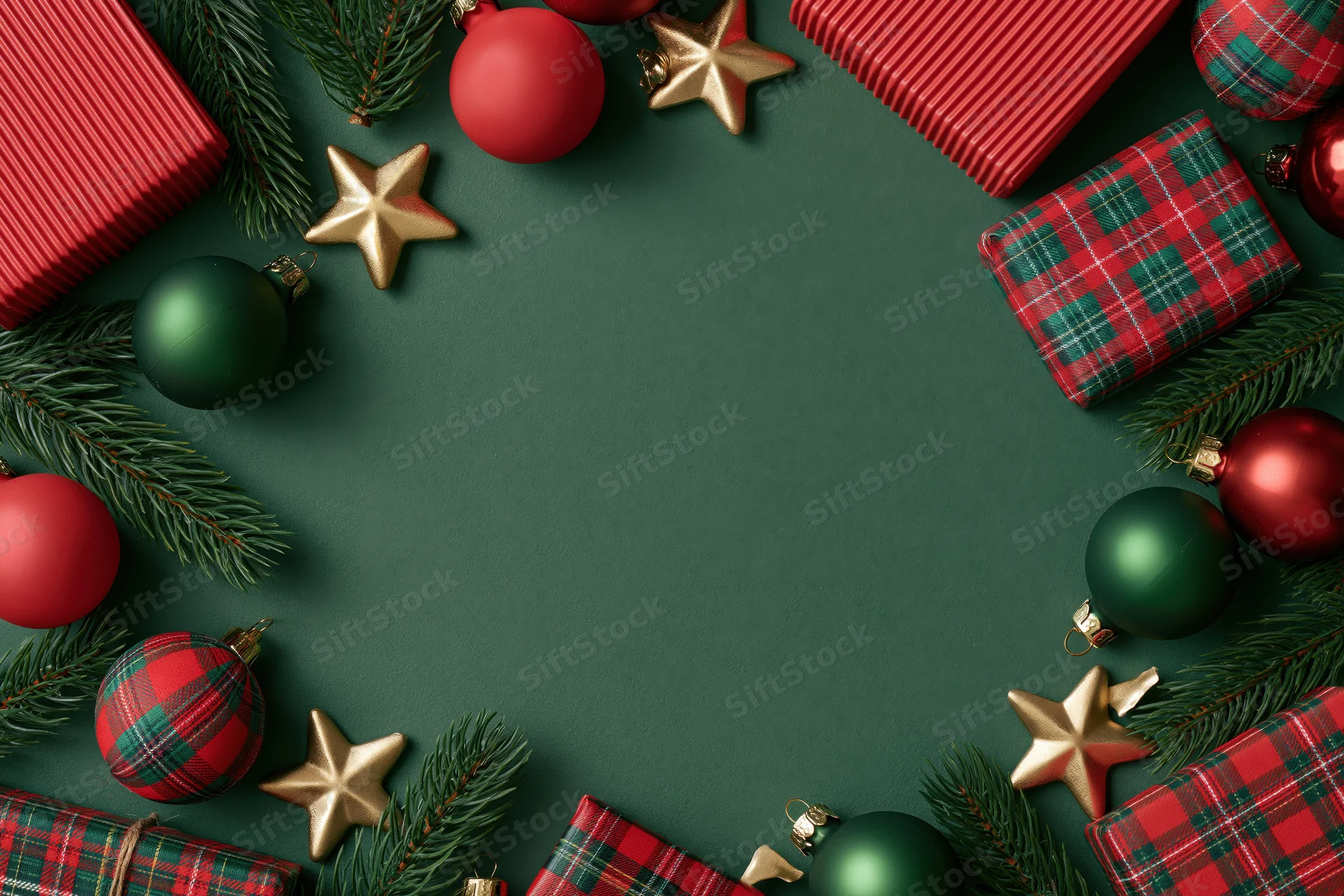 Christmas ornaments and wrapped gifts arranged in a flat lay with pine branches forming a border on a dark green background