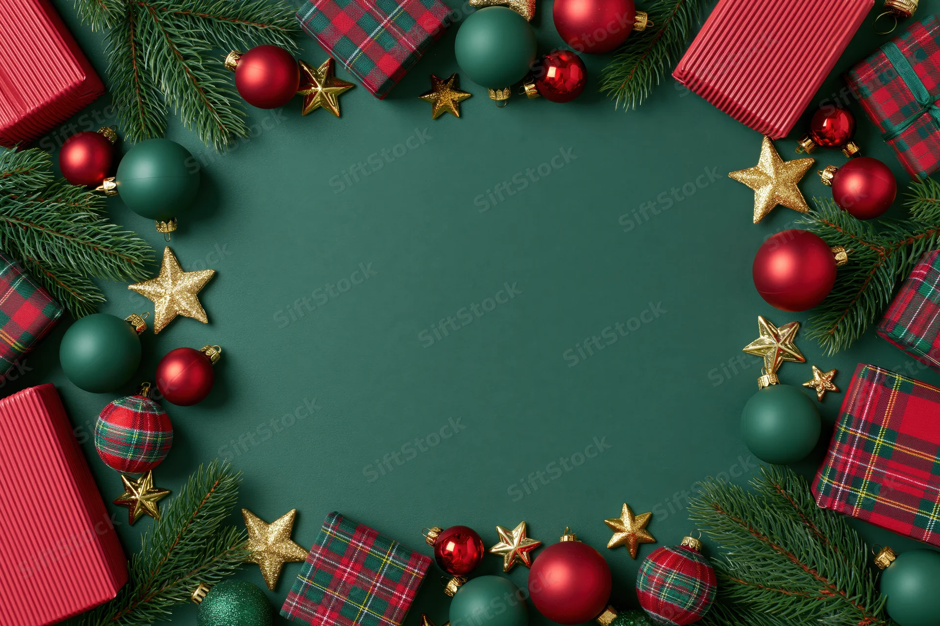 Christmas ornaments and wrapped gifts arranged in a flat lay frame with pine branches and gold stars on a green background