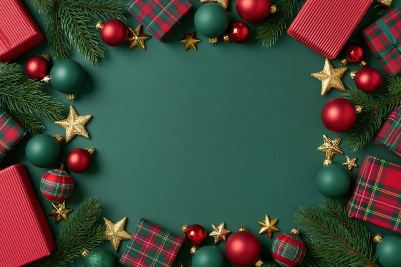 Christmas ornaments and wrapped gifts arranged in a flat lay frame with pine branches and gold stars on a green background
