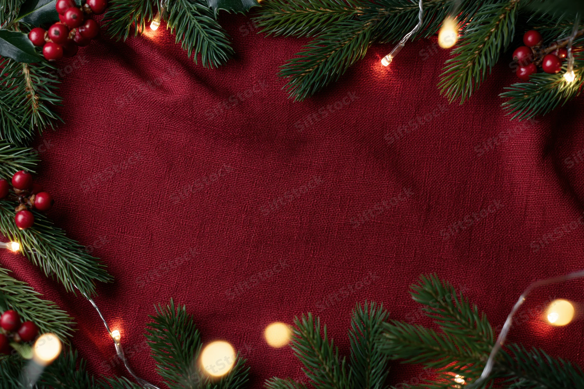 Pine branches and holly berries arranged in a frame with string lights on a red fabric background