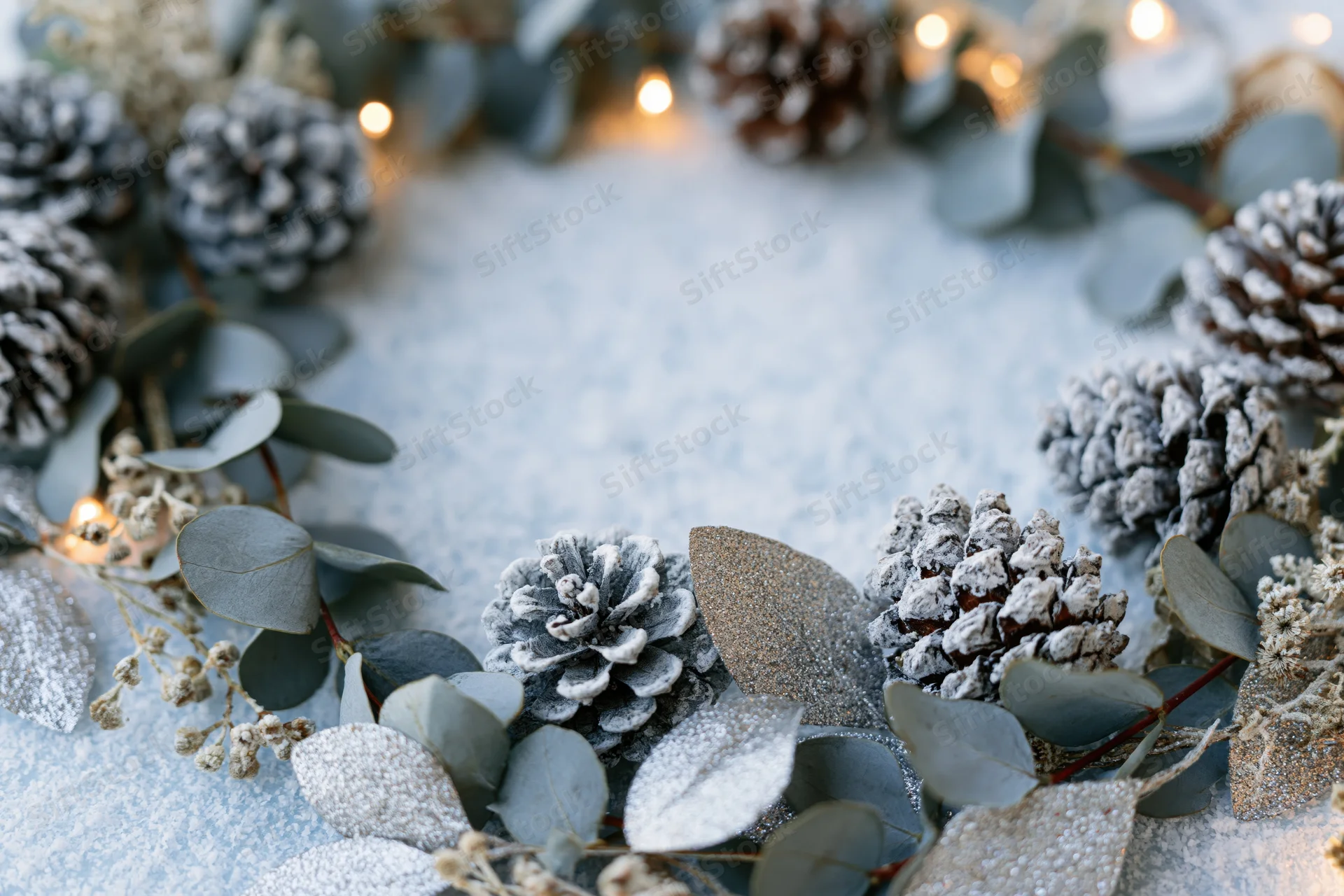 Frosted pinecones and eucalyptus sprigs arranged in a circular garland on a snowy surface with warm string lights and copyspace in the center