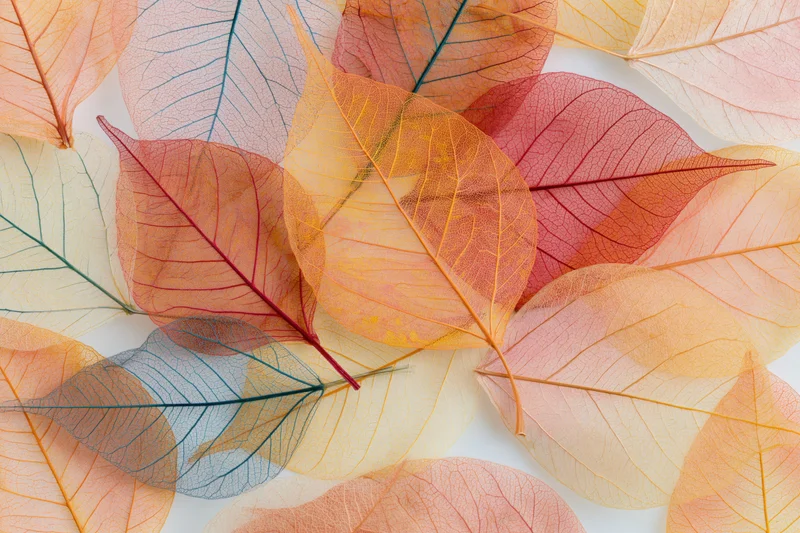 Translucent skeleton leaves overlapping in flat lay arrangement on white surface