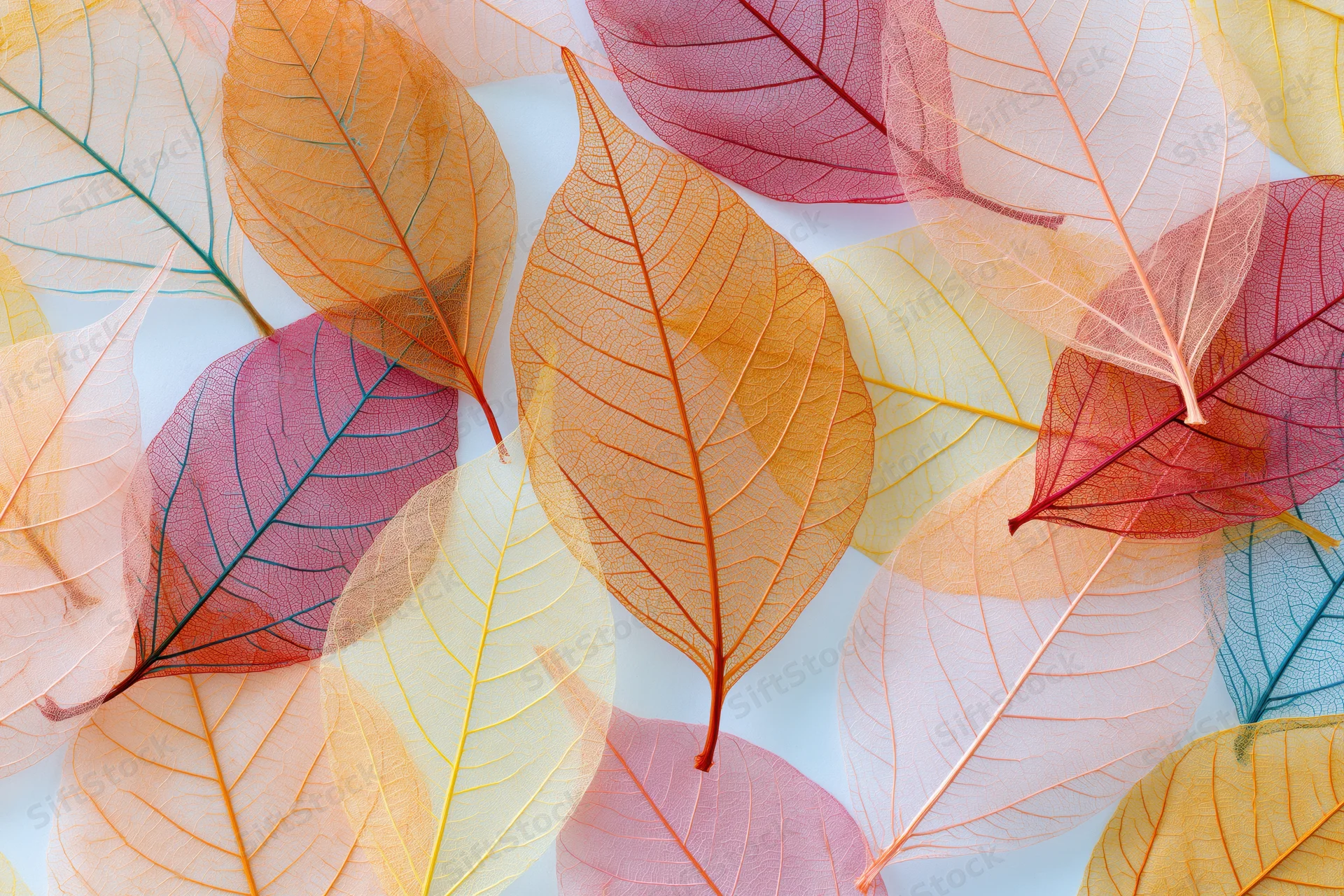 Translucent skeleton leaves overlapping in flat lay arrangement on white background