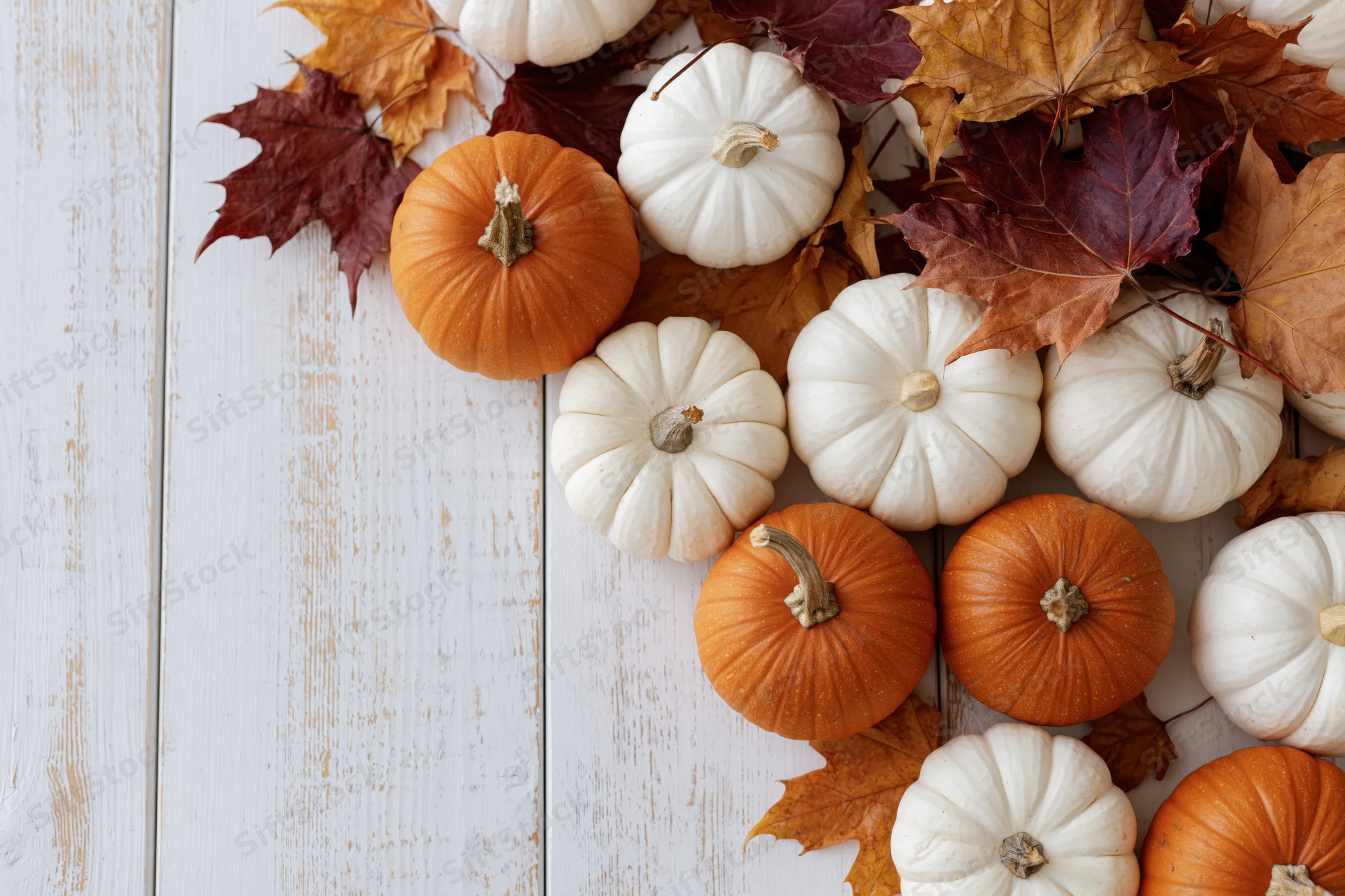 Small orange and white pumpkins scattered among autumn maple leaves on a white wooden table