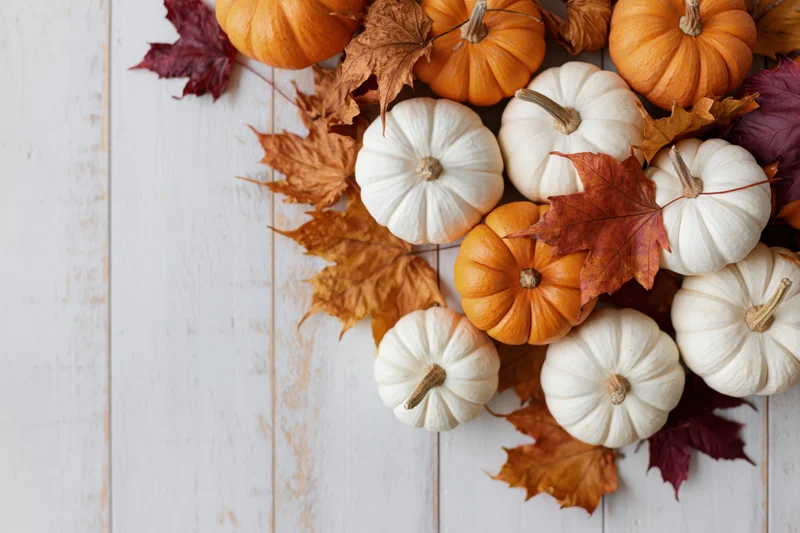 Small orange and white pumpkins scattered among dried maple leaves on a white wooden surface