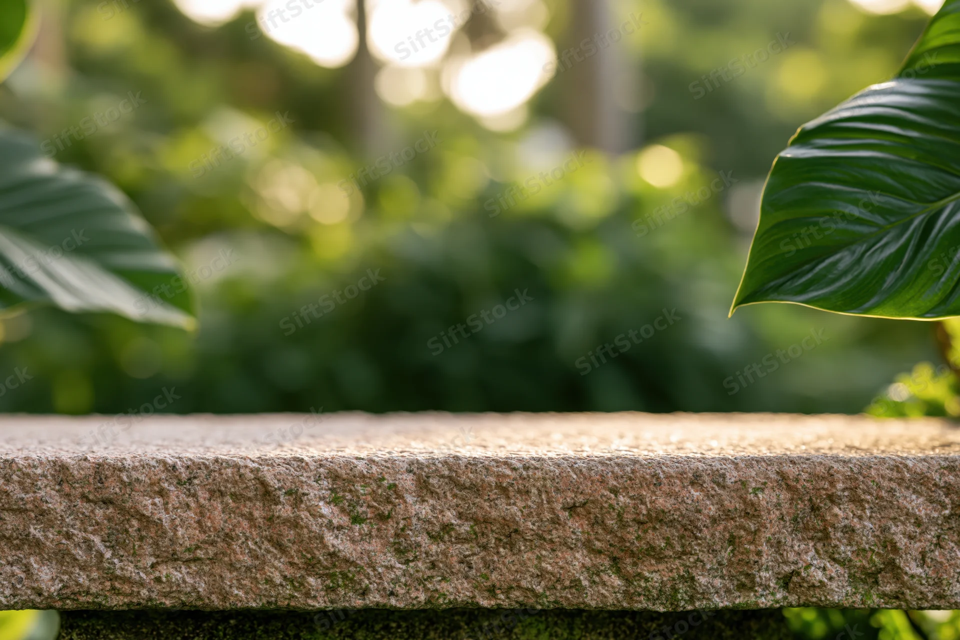 Flat rough stone surface in garden with green foliage framing edges and blurred background