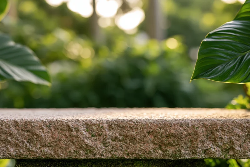 Flat rough stone surface in garden with green foliage framing edges and blurred background