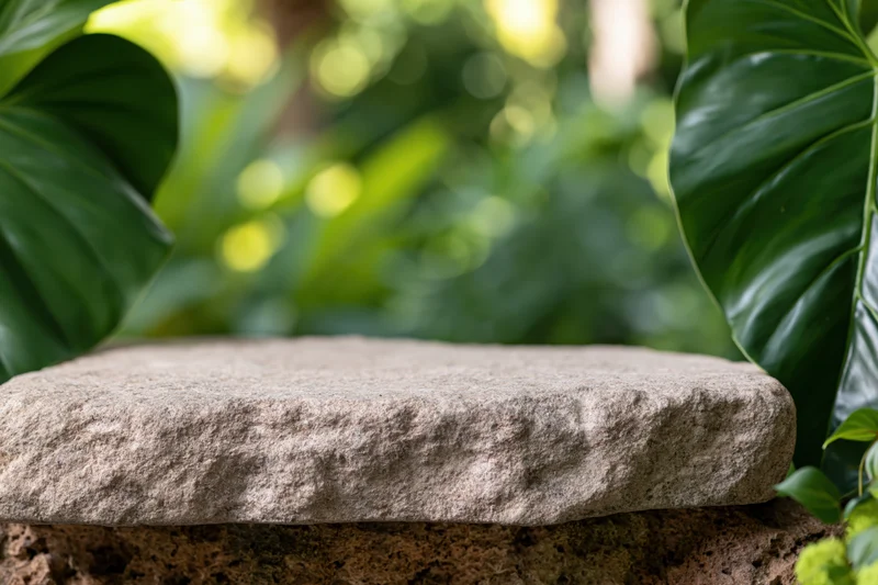 Flat rough stone surface centered in a garden with tropical foliage surrounding it