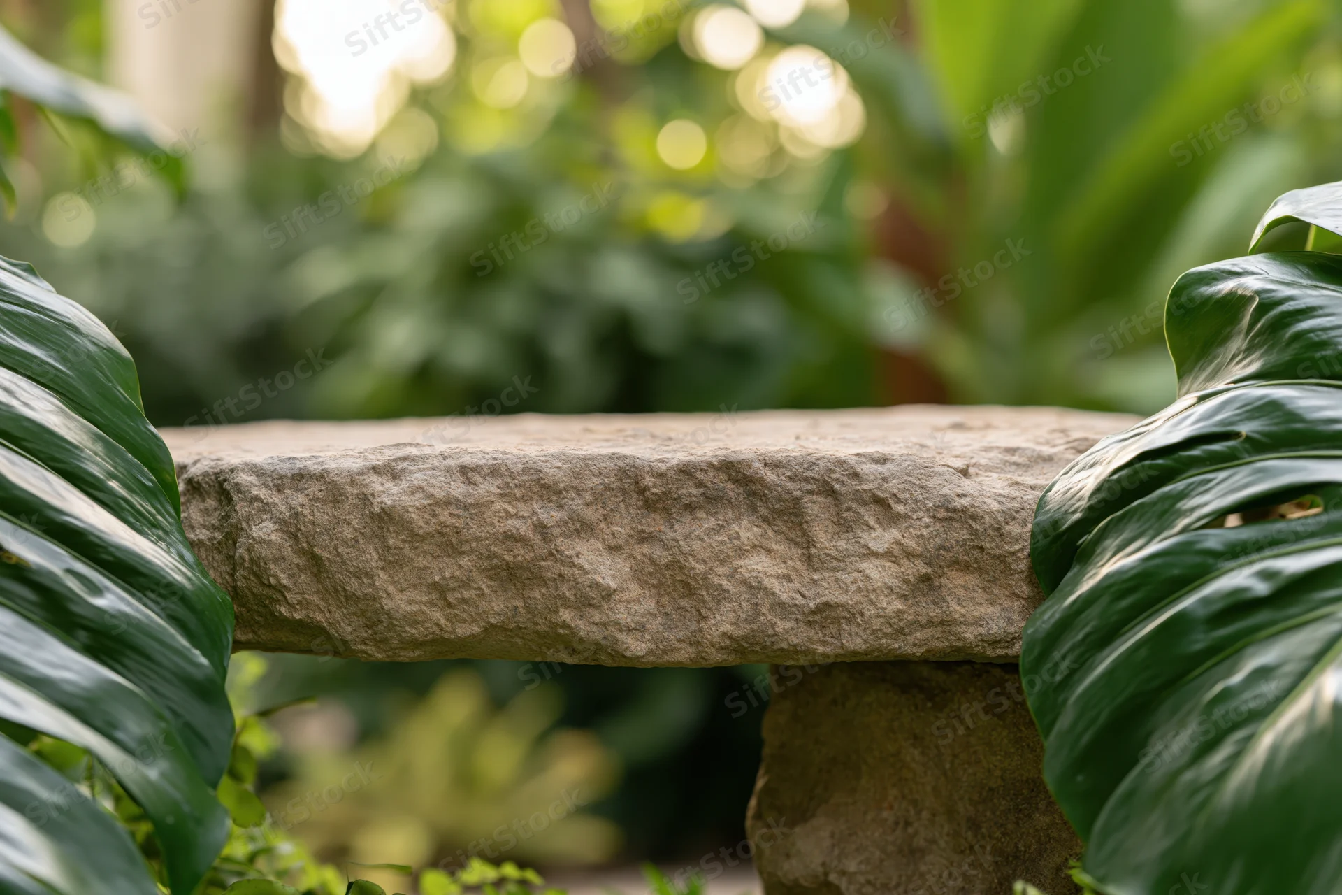 Flat rough stone bench centered in a garden surrounded by large green monstera leaves