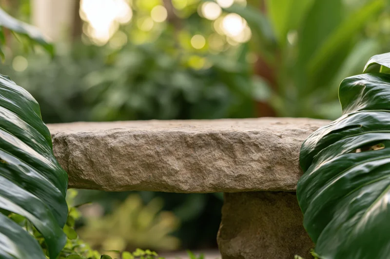 Flat rough stone bench centered in a garden surrounded by large green monstera leaves